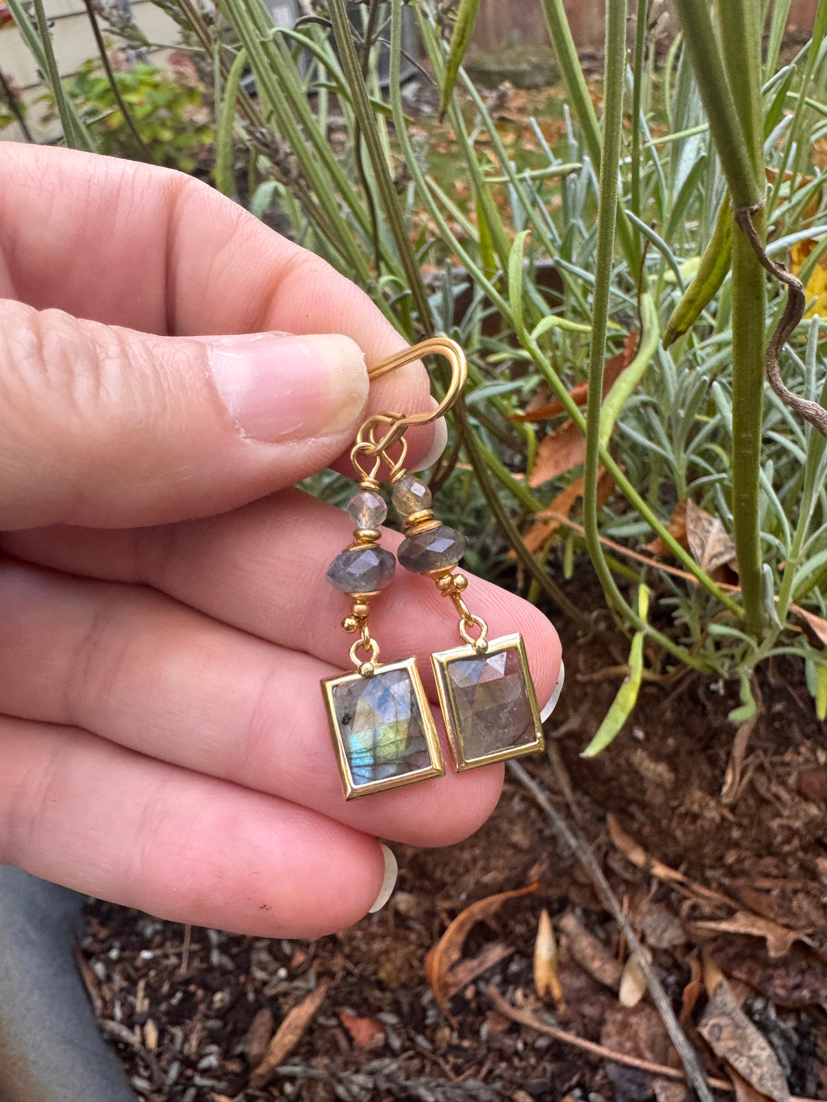Labradorite stone, gold metal, drop, earrings