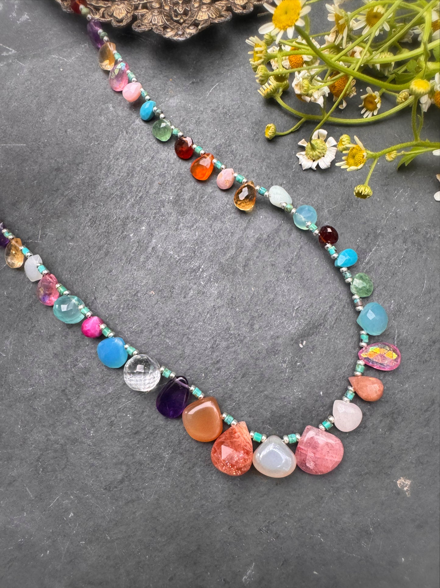 Mixed gemstone teardrop and briolette beads with Hubei Turquoise and silver rhinestone clasp, necklace .