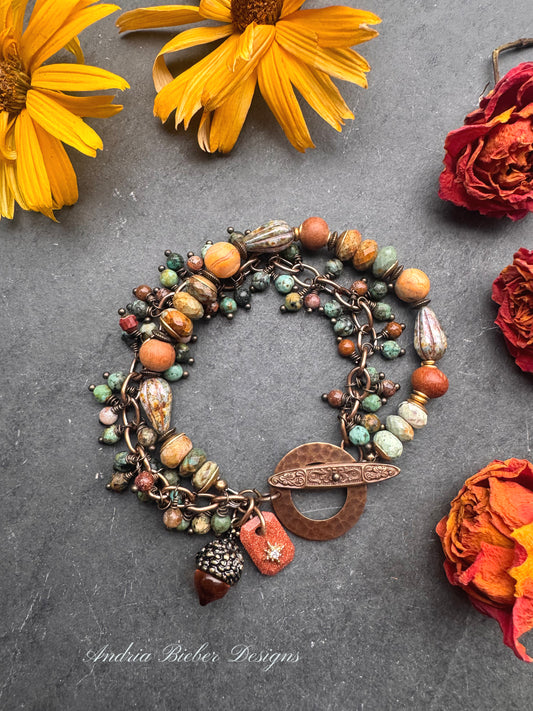 African turquoise, sandalwood, crazy lace agate, red creek jasper, Czech glass, and bronze metal, bracelet.