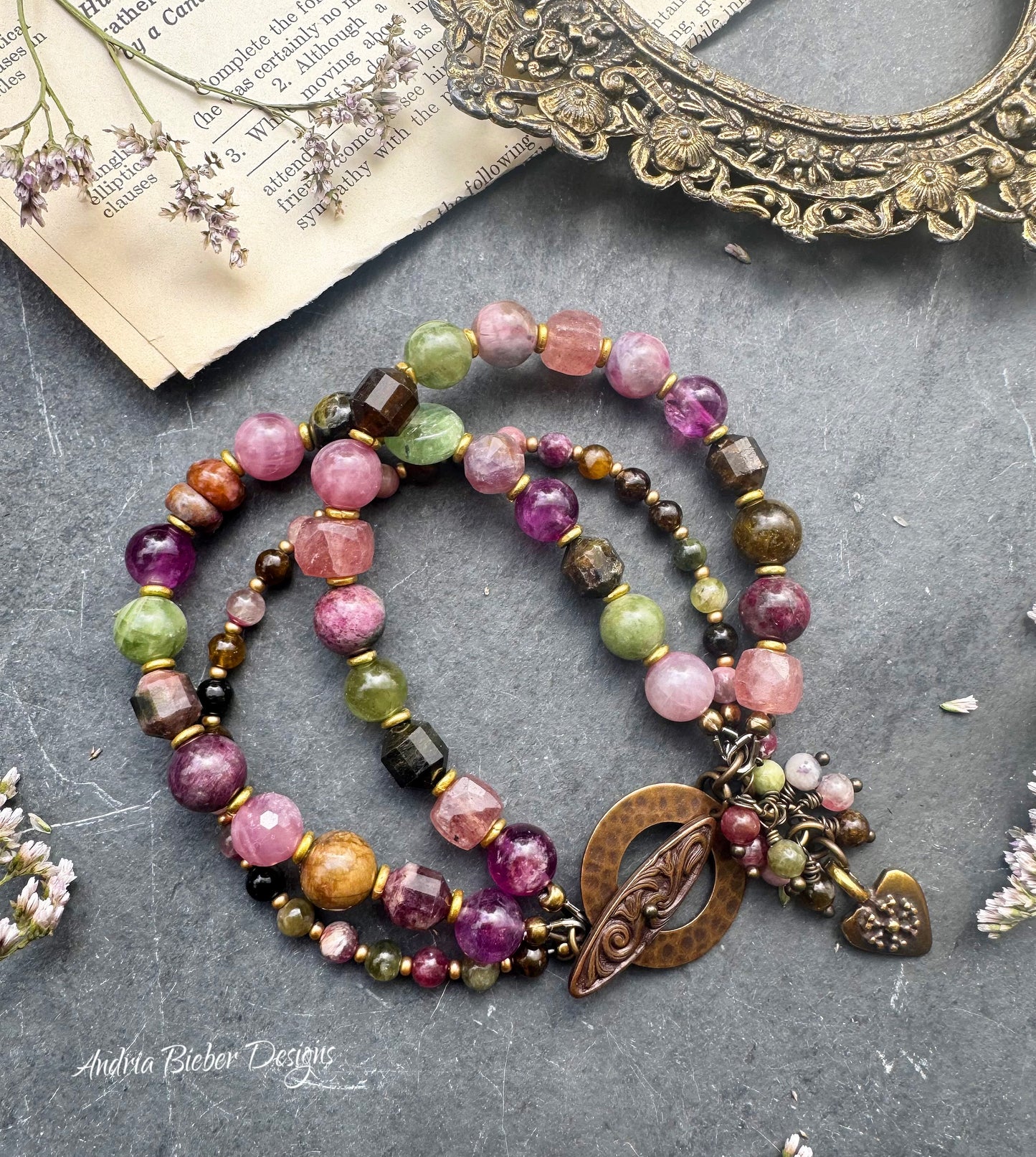KIT-Spring Vibe. Watermelon tourmaline, purple fluorite, green stone, quartz, brass metal, bracelet