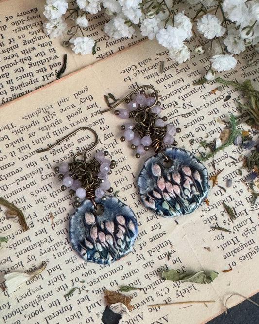 Ceramic charms with amethyst stone earrings.