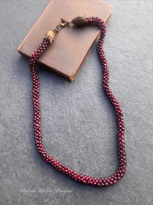 Garnet beaded rope chain, antique brass metal, necklace ￼