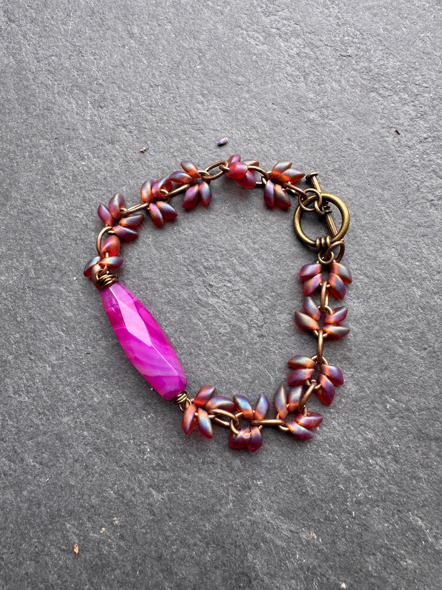 Pink agate, pink & blue Czech glass, Vintaj brass, bracelet.
