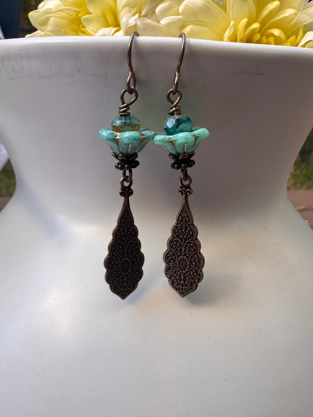 Czech glass flowers, brass filigree metal, earrings