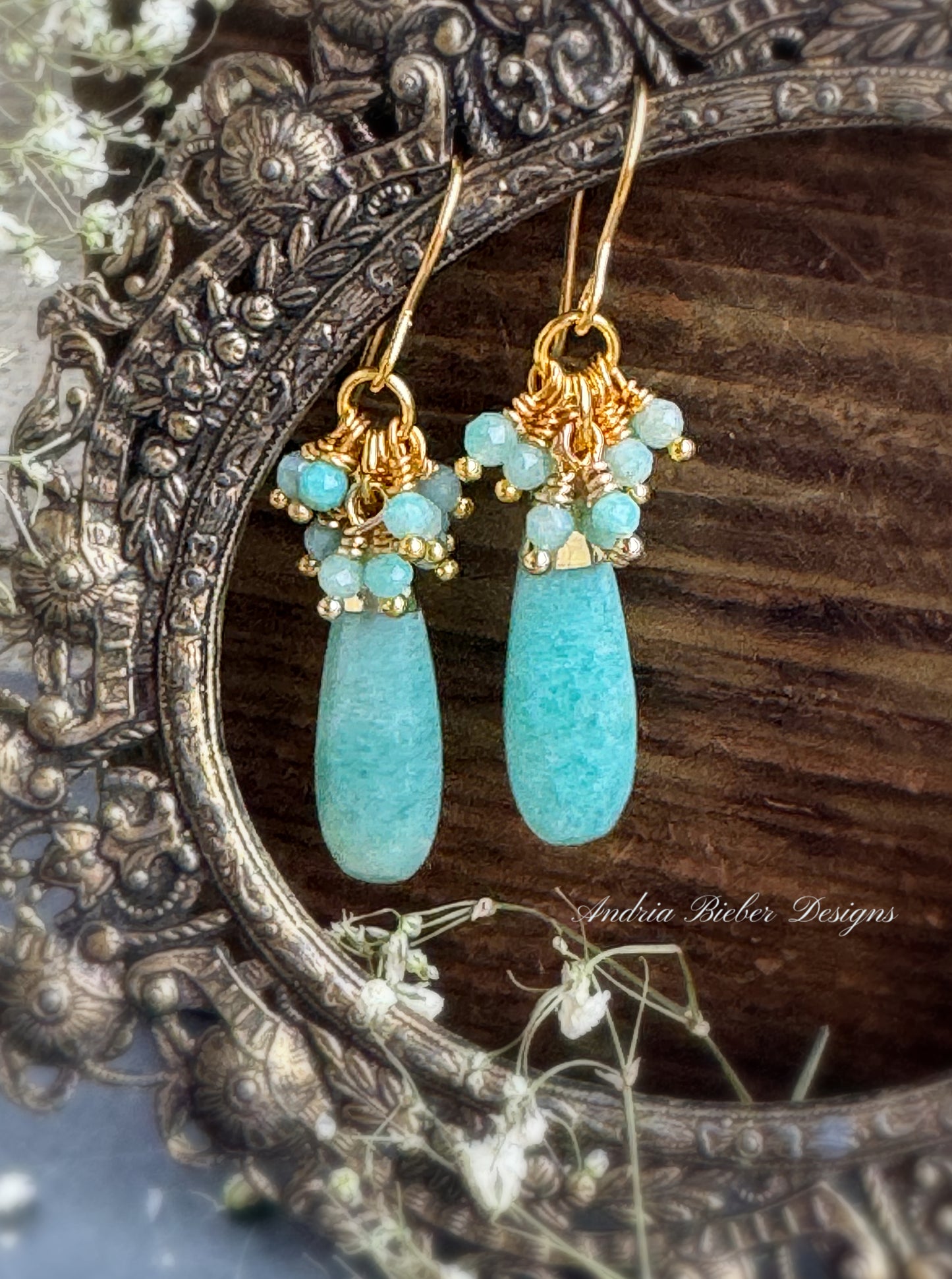 Amazonite stone, gold metal, earrings