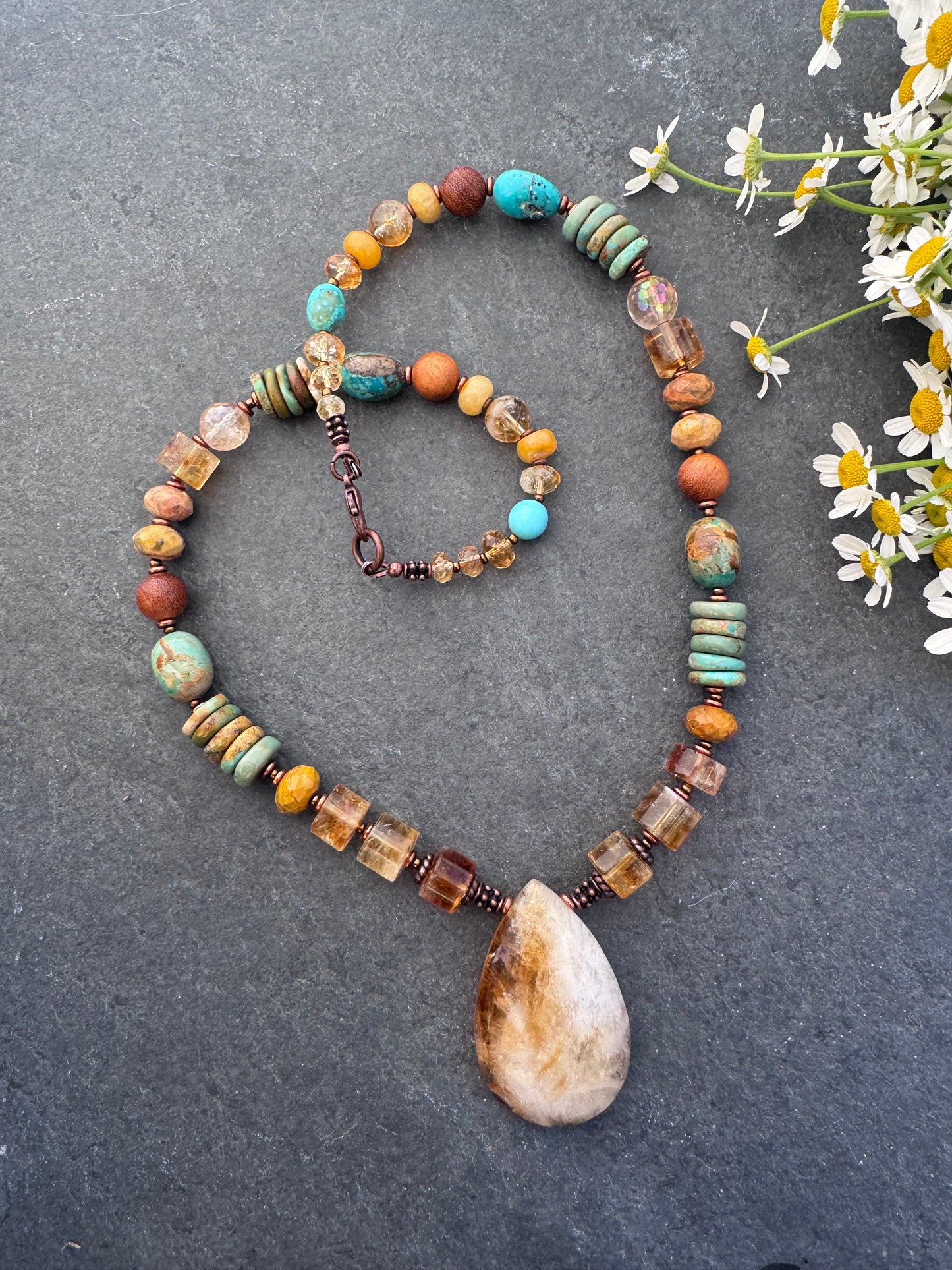 Turquoise, citrine, agate, copper metal, necklace