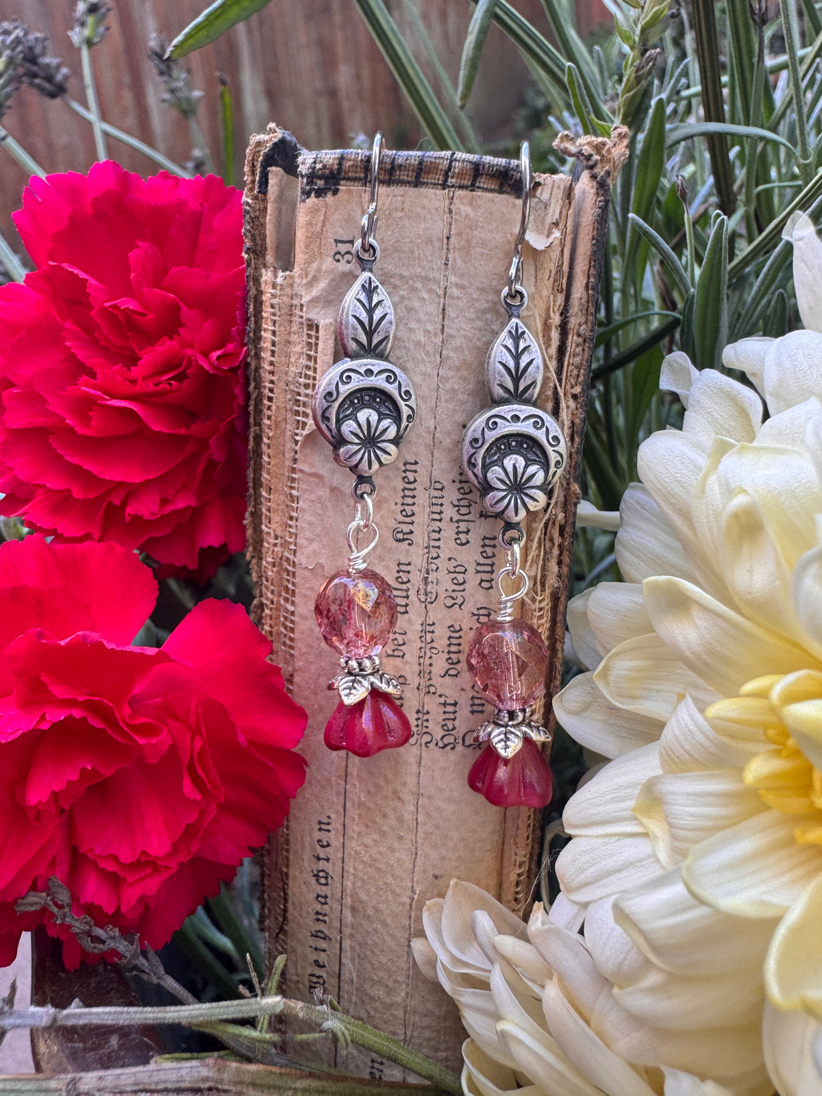 Pink Czech glass, silver filigree drop, earrings.