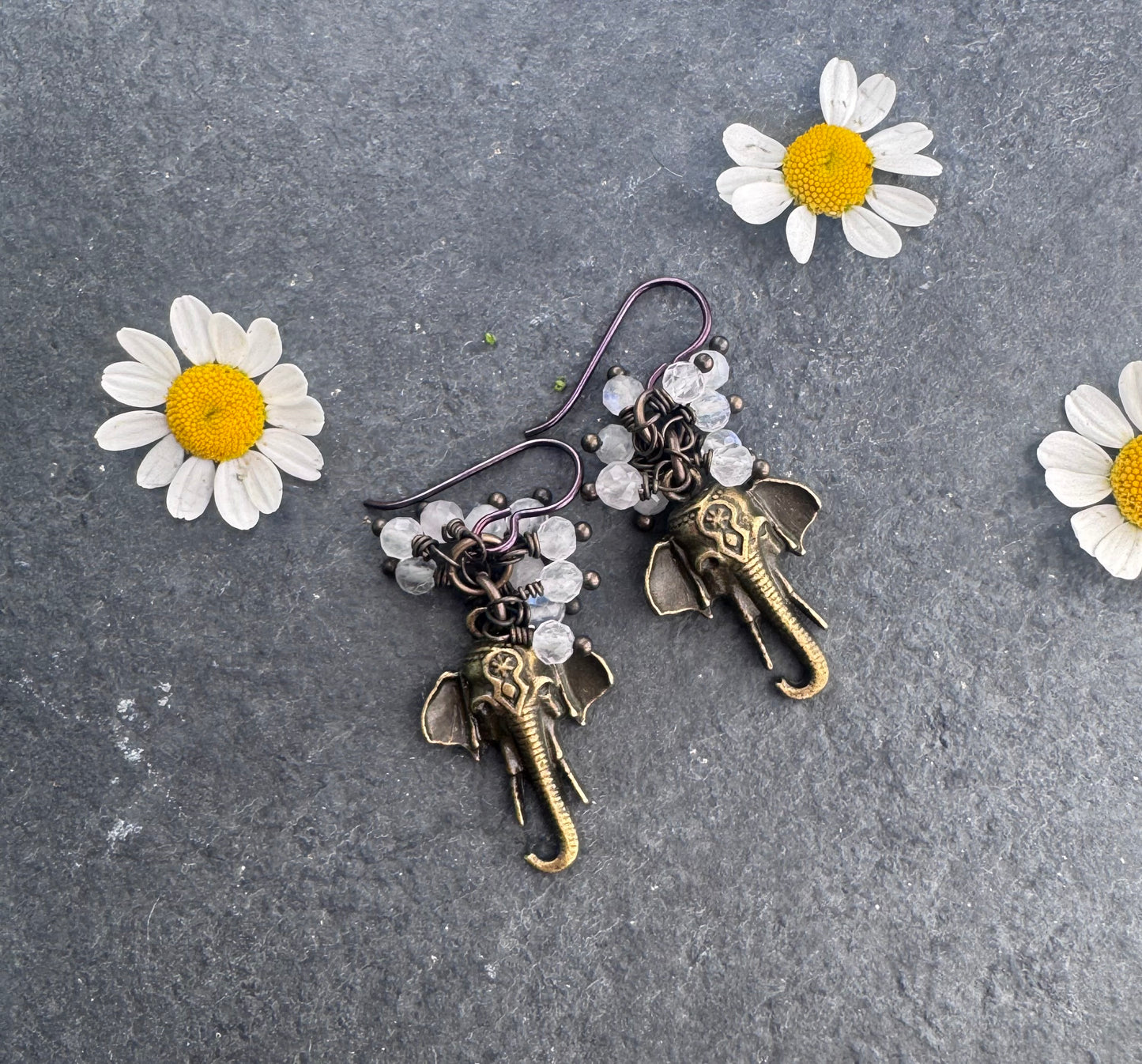 Moonstone, Elephant charms, brass metal, earrings