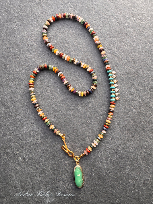 Mixed gemstone rondelle, turquoise, pearl, amethyst stone pendant, chrysoprase stone drop, necklace