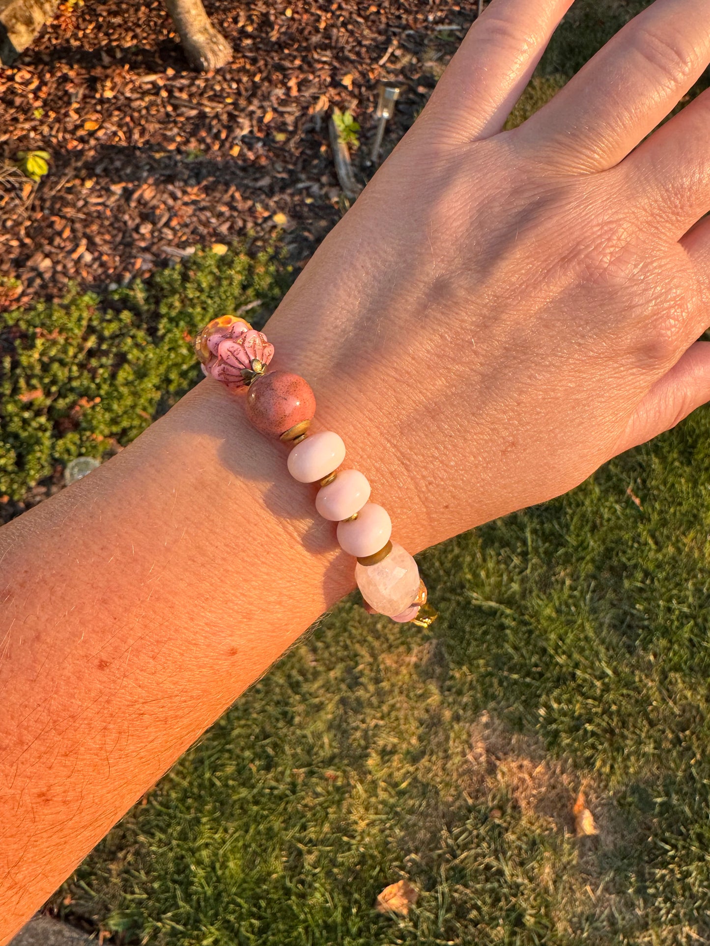 Rose quartz, pink opal, Czech glass, lampwork glass, strawberry quartz, ceramic bead, gold metal, bracelet