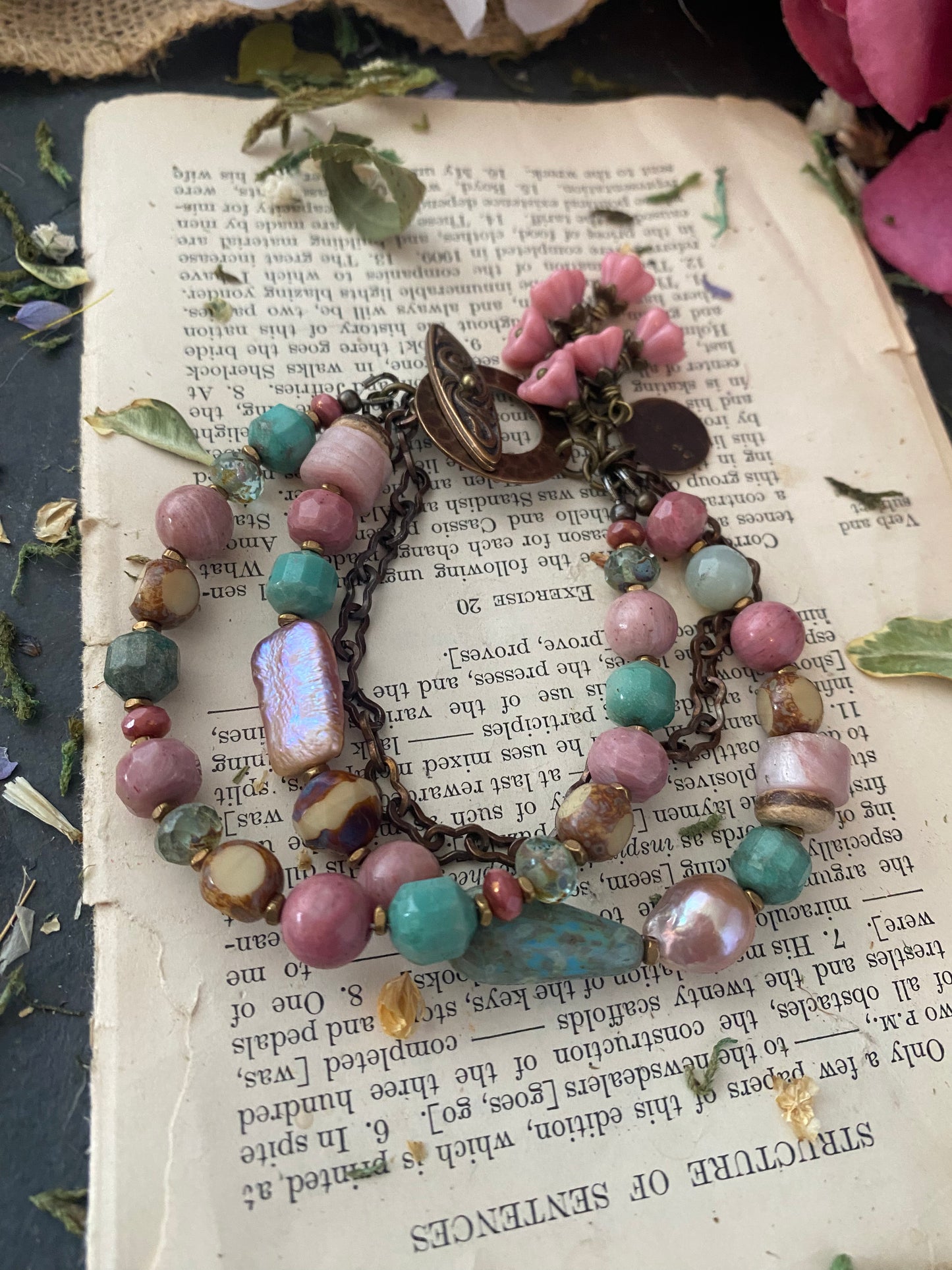 Pink pearl, green Jasper, rhodonite stone, chain, bronze metal, multi strand bracelet