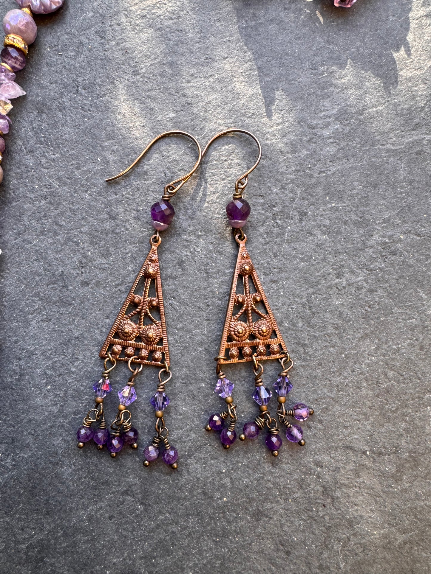 Amethyst stone, crystal, Vintaj brass metal, earrings