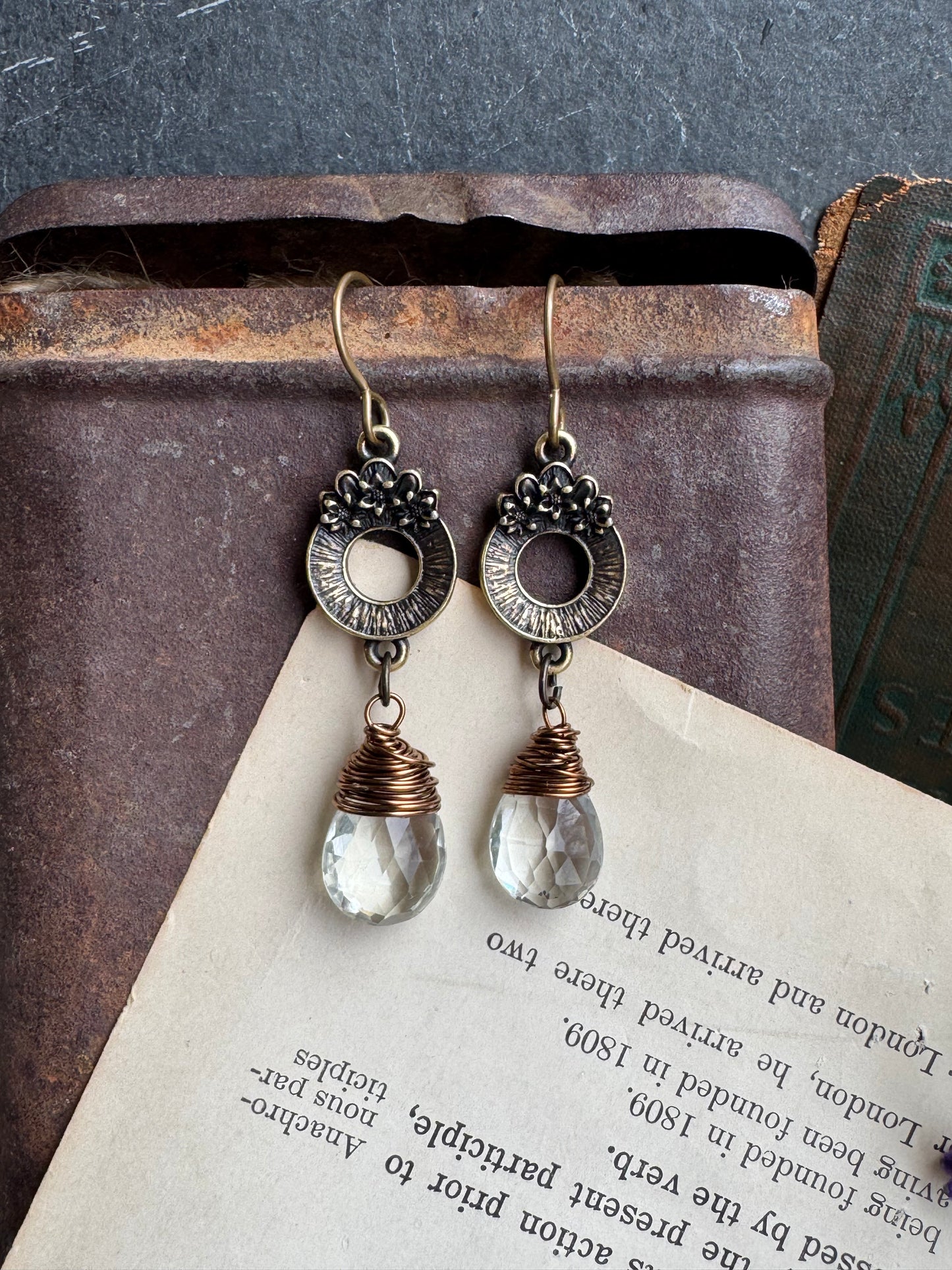 Green amethyst stone, brass flower charm, earrings