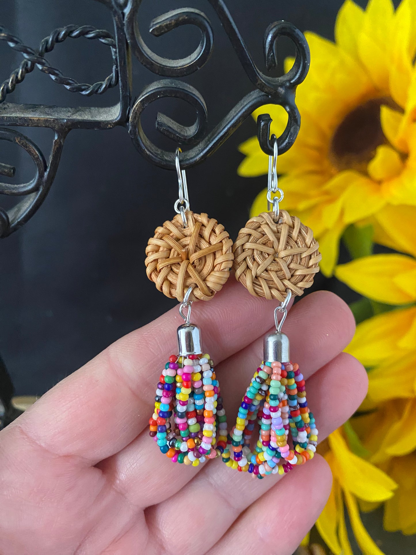 Colorful seed bead, wood and silver metal earrings, jewelry