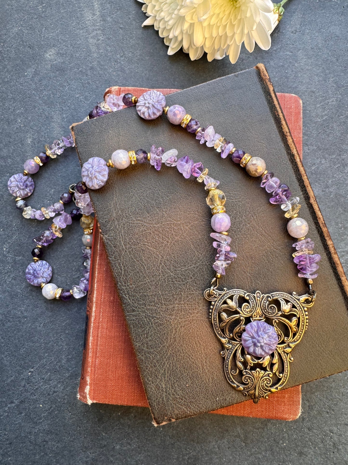 Amethyst stone, Ametrine stone, Czech glass, Vintaj brass metal, necklace