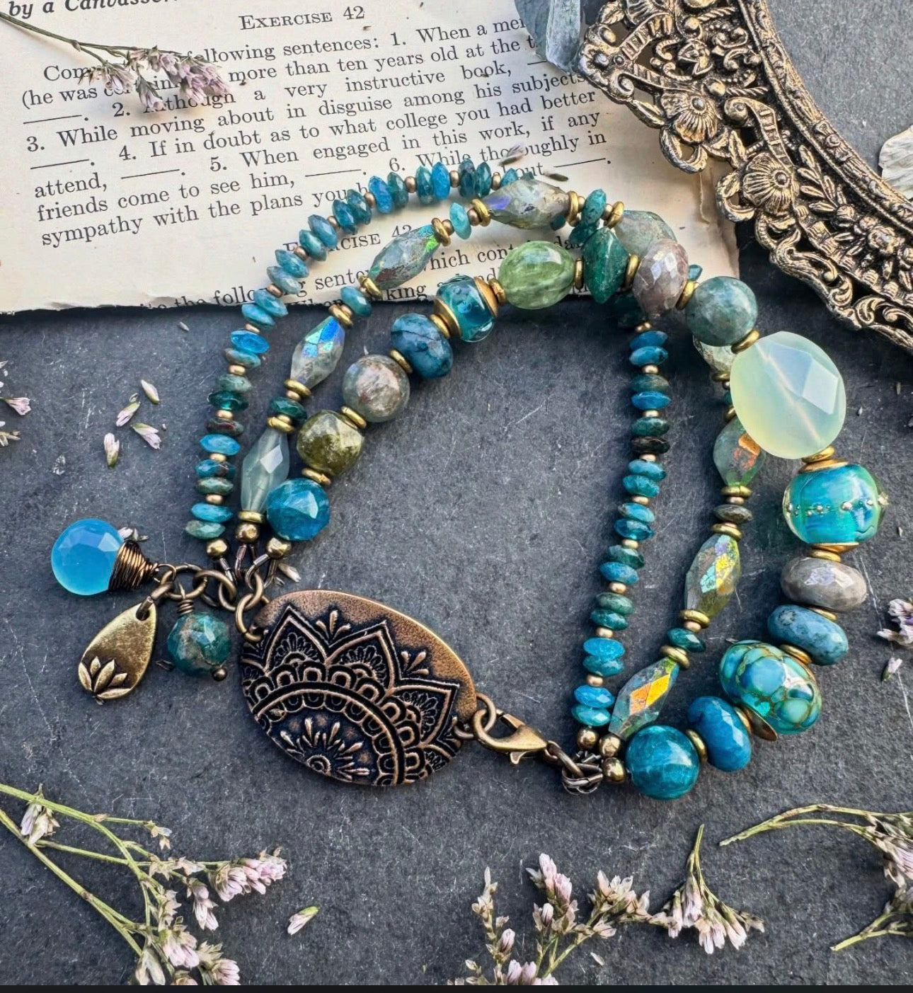 Mixed gemstone, lampwork glass, handmade bronze lotus flower pendant, bracelet
