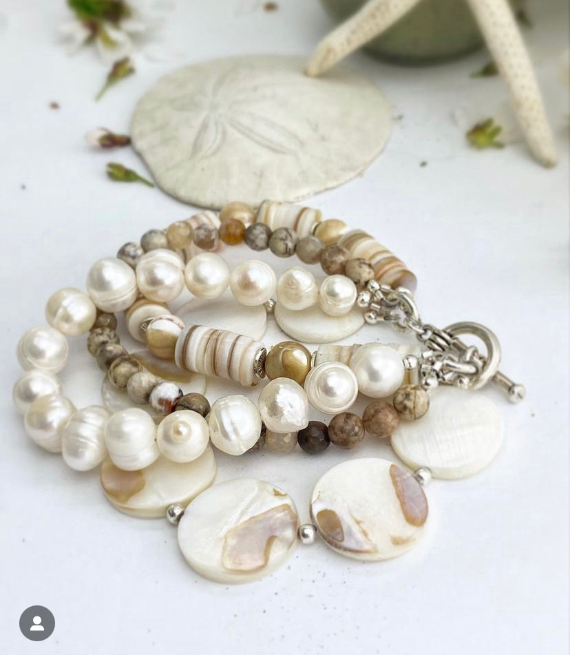 Pearl, agate stone, shell, multi strand, silver metal, bracelet, jewelry. - Andria Bieber Designs 