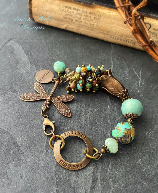 Turquoise, dragonfly, amazonite, ceramic, bronze metal, bracelet, jewelry