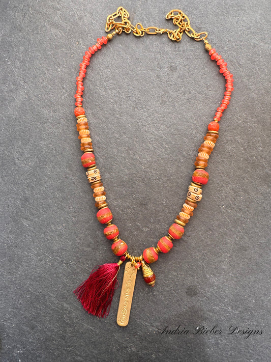 African Glass, wood, brass metal, necklace