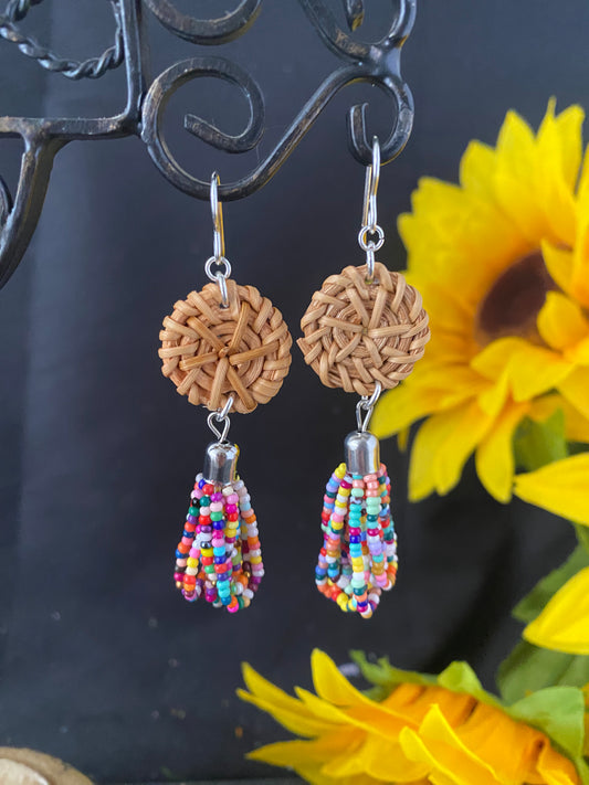 Colorful seed bead, wood and silver metal earrings, jewelry