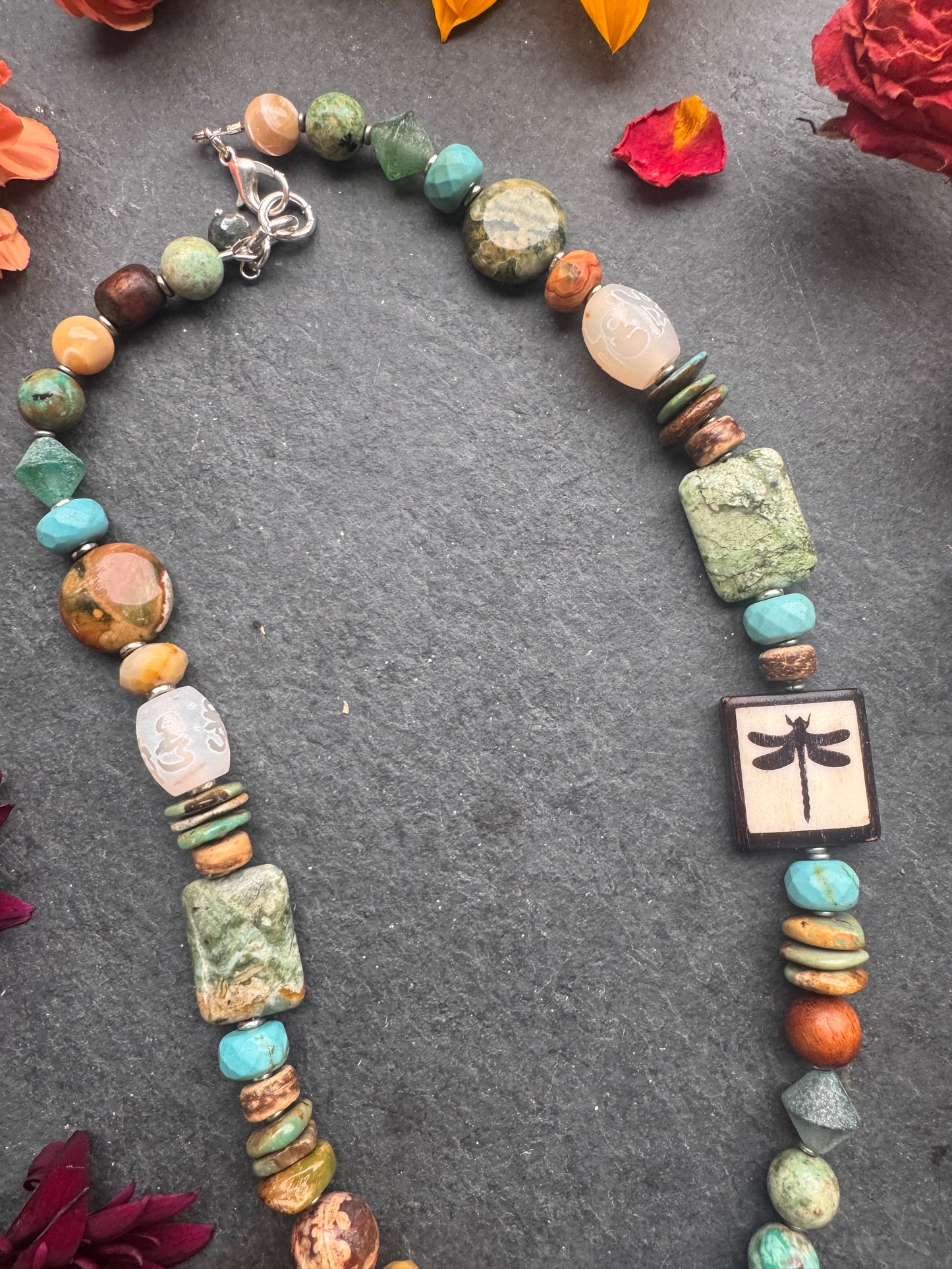 Hubei Turquoise, mixed gemstone, dragonfly, silver metal, necklace.