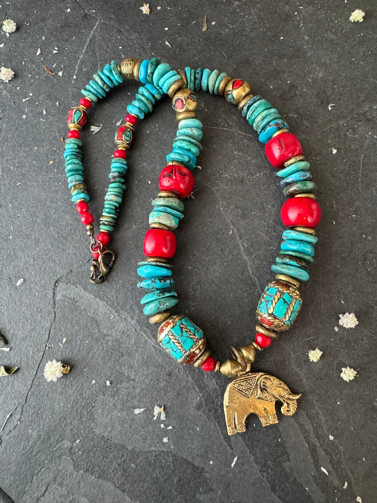 Turquoise stone, nepal inlaid beads, african brass, necklace, jewelry