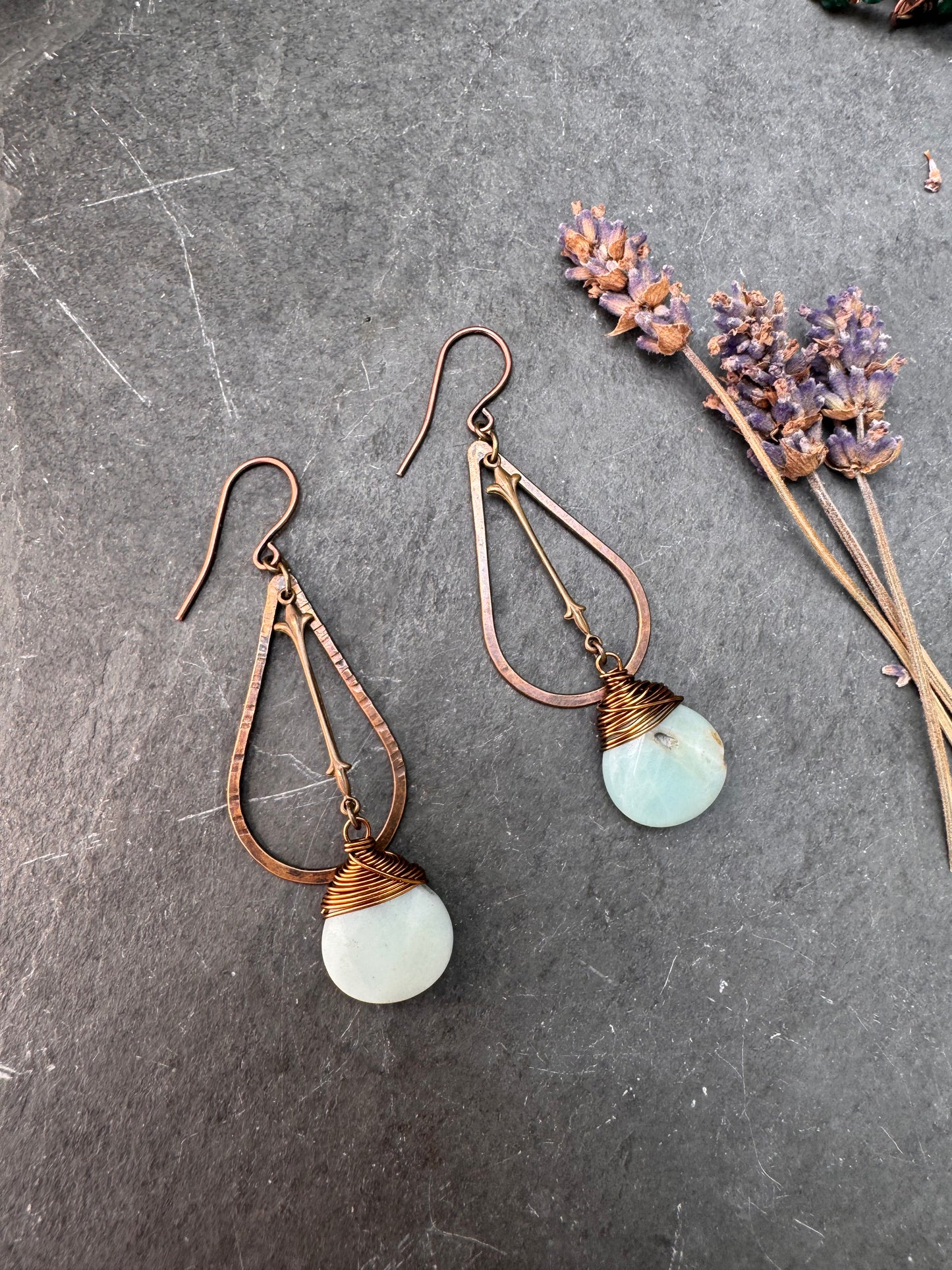 Amazonite stone, bronze metal, earrings