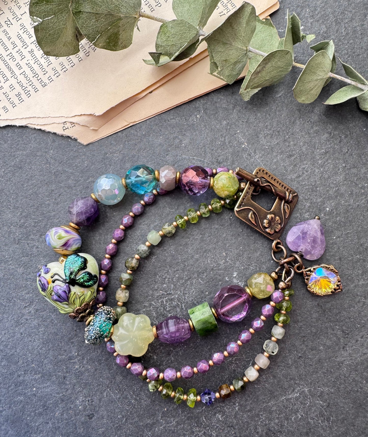 Amethyst, jade, chalcedony, fluorite, green garnet, lampwork glass, Czech glass, bracelet