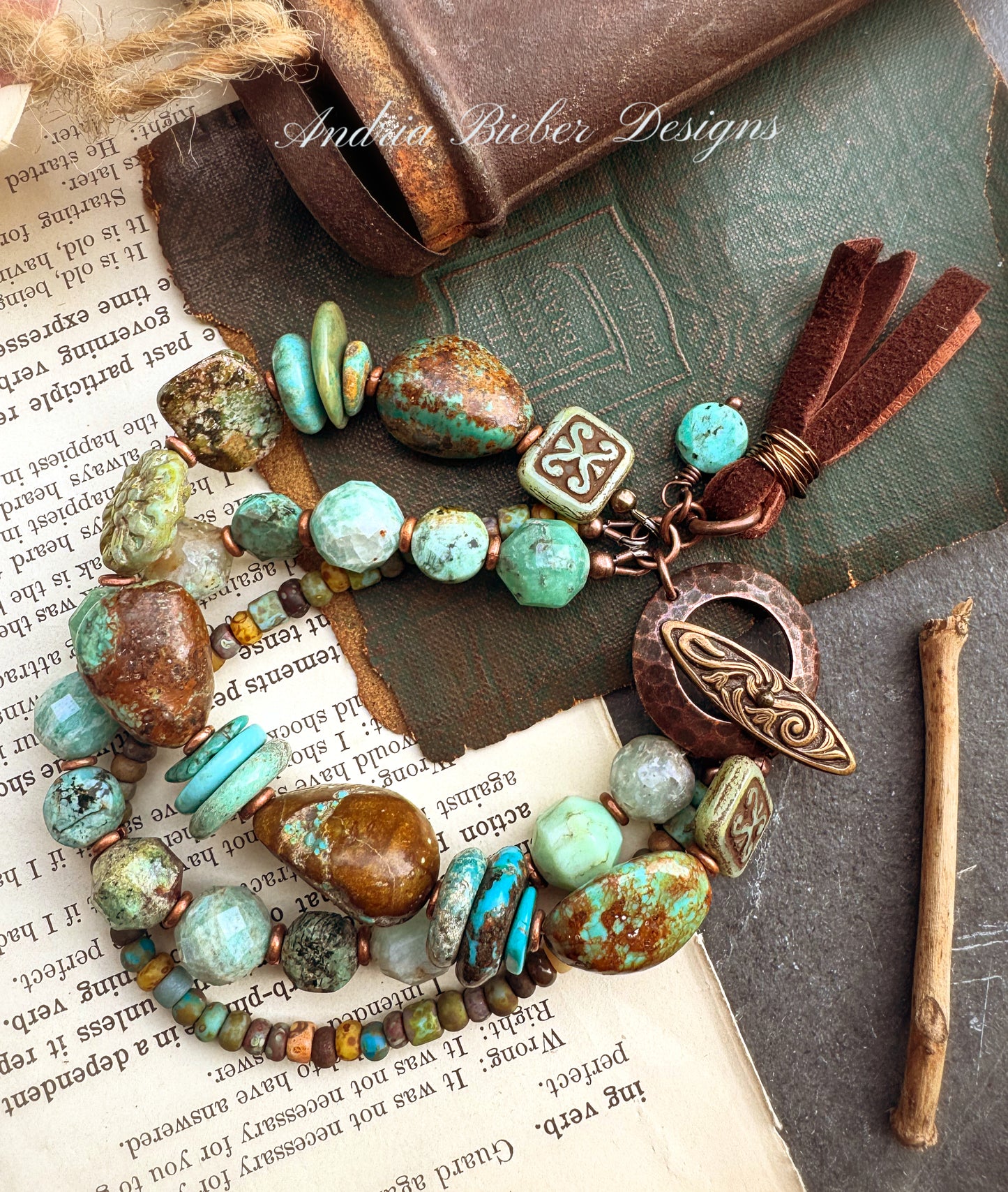 Turquoise, Amazonite, Chrysoprase stone, Czech glass, copper, leather, bracelet