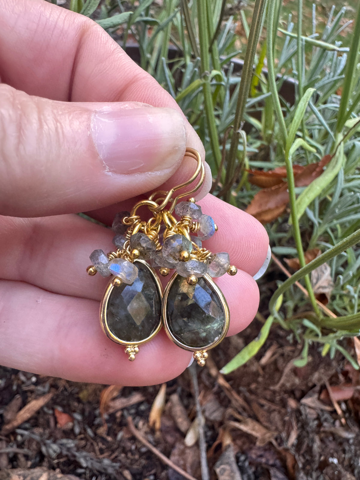 Labradorite stone, gold metal, drop, earrings