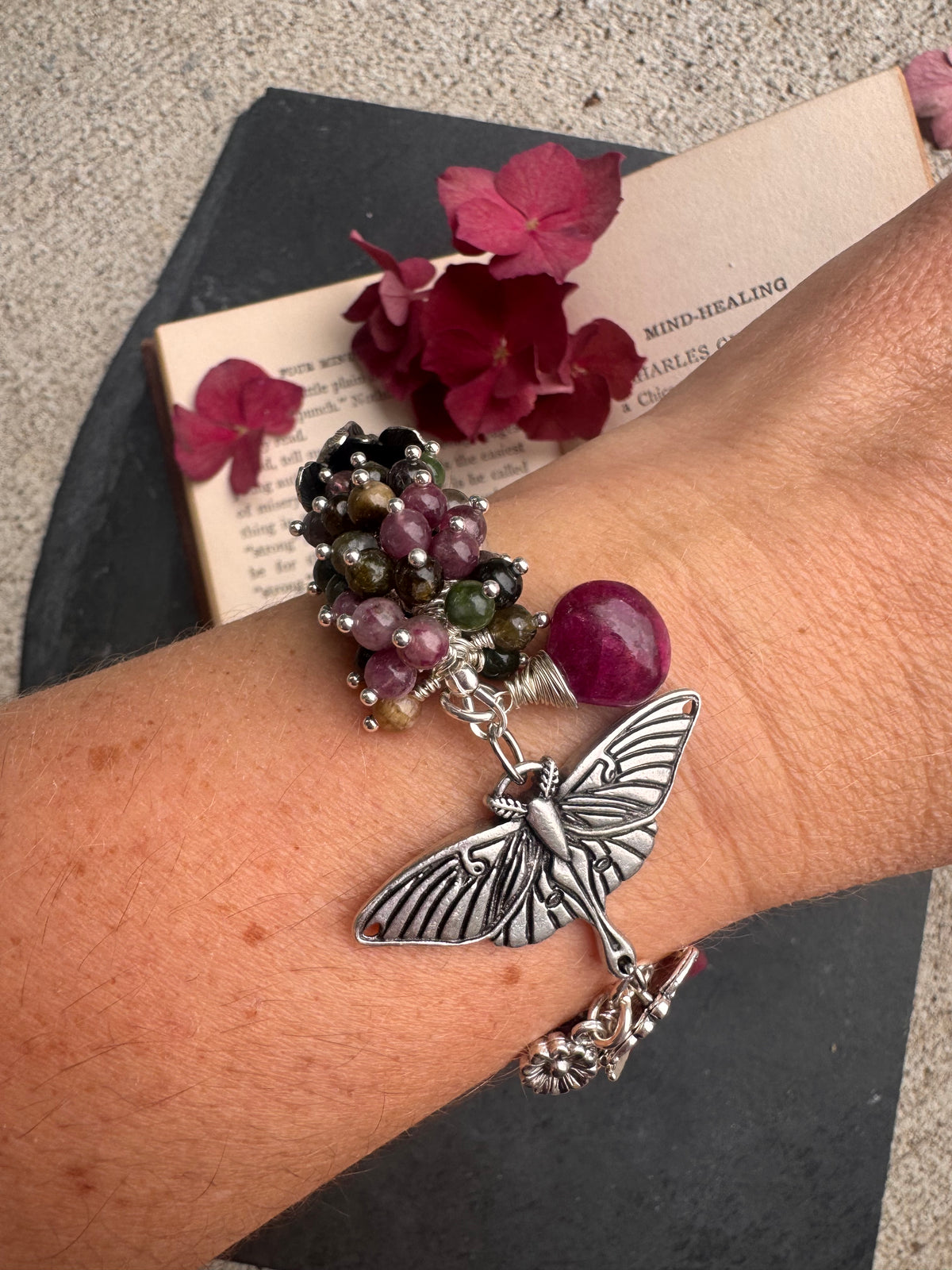 Silver moth. Madagascar rose quartz, pink moonstone, pink Tourmaline, watermelon tourmaline, silver moth, silver metal, bracelet.