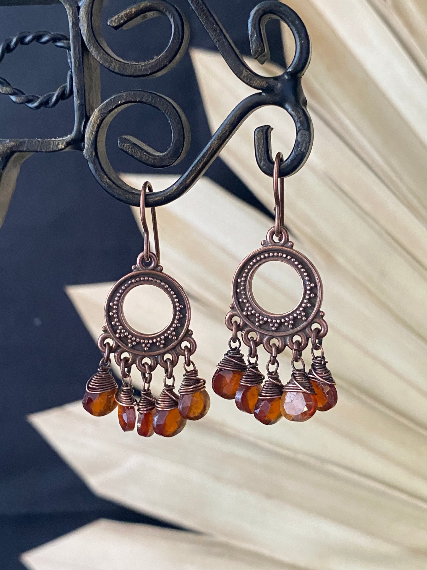 hessonite garnet briolette stone, copper metal, dangle, earrings, jewelry.