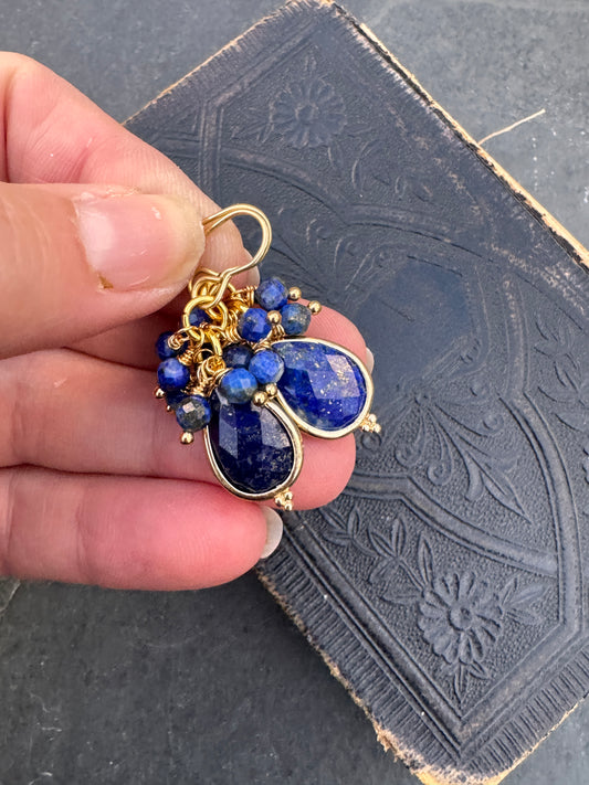 Lapis lazuli stone, gold metal, drop, earrings