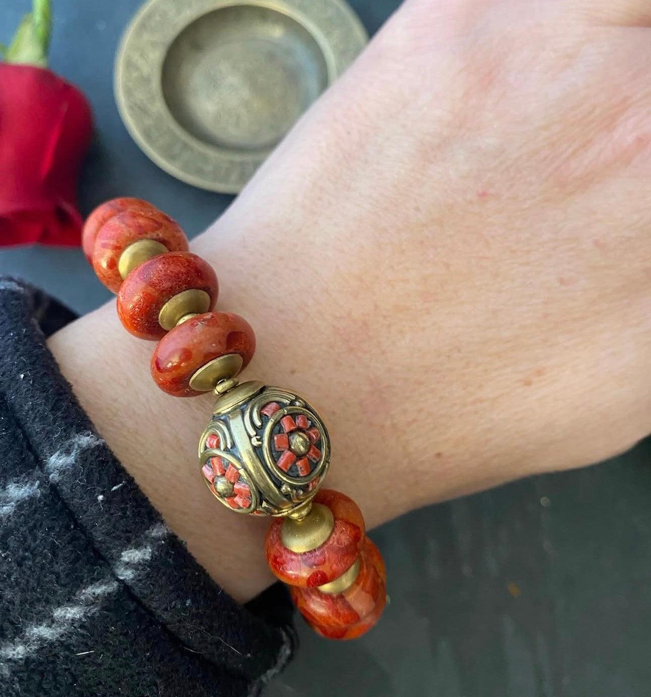 Indonesian glass, red sponge coral, Nepal bead, brass, bracelet MTO