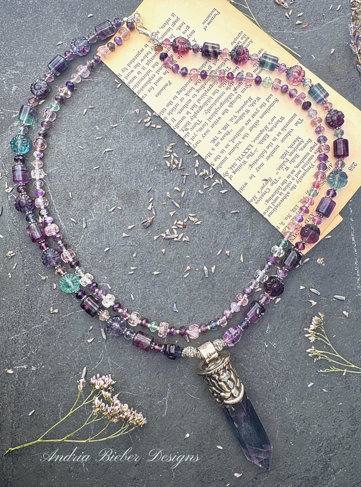 Fluorite stone, two layer, Tibetan silver crystal point pendant, necklace.