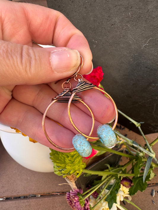 Handmade blue and copper sparkle lampwork glass, and copper metal hoop earrings