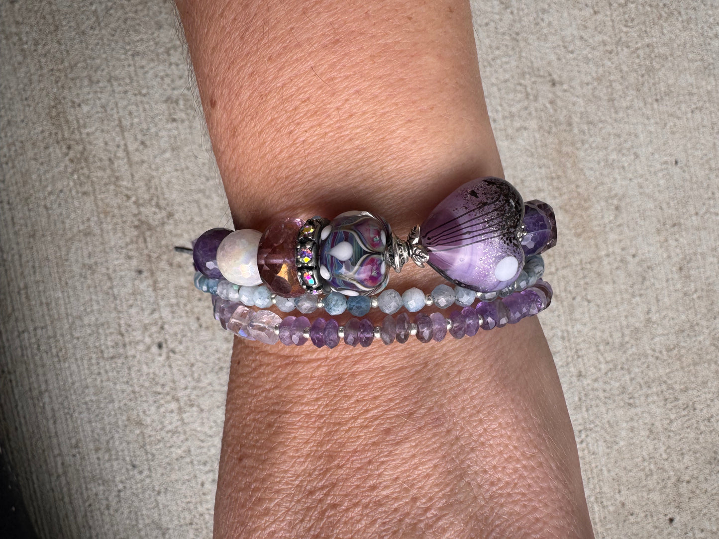 Cosmic layers. Aquamarine, Handmade lampwork glass, rhinestones, moonstone, amethyst, silver metal, flower clasp, bracelet