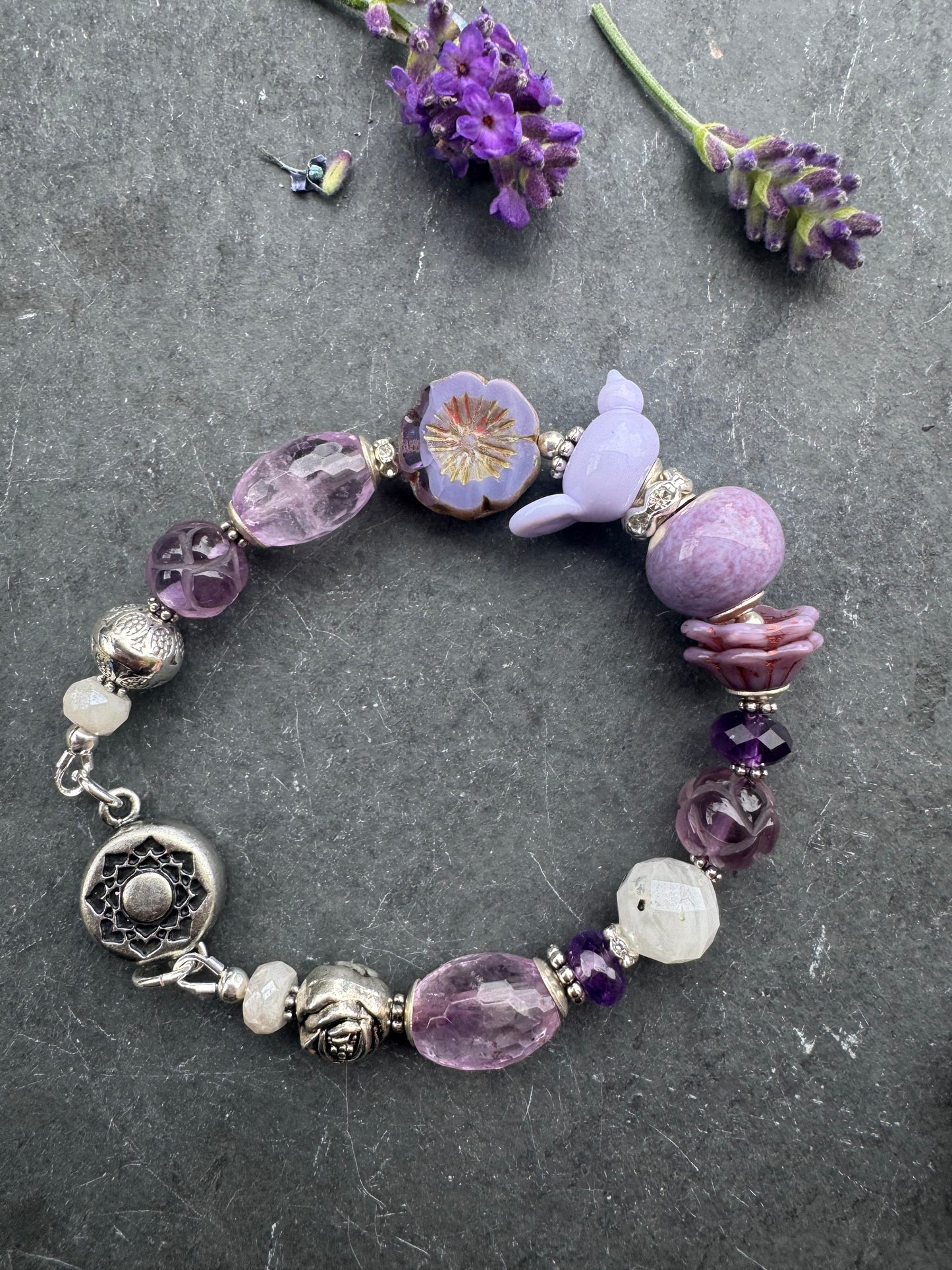 Amethyst stone, moonstone m, lampwork glass bird, magnet, clasp,silver metal, bracelet