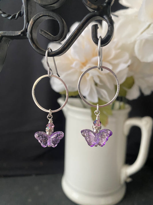 Butterfly and crystal earrings, silver metal earrings, jewelry.