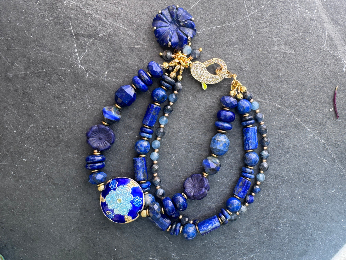 Lapis lazuli stone, czech glass, Cloisonné, gold metal, rhinestone clasp, bracelet
