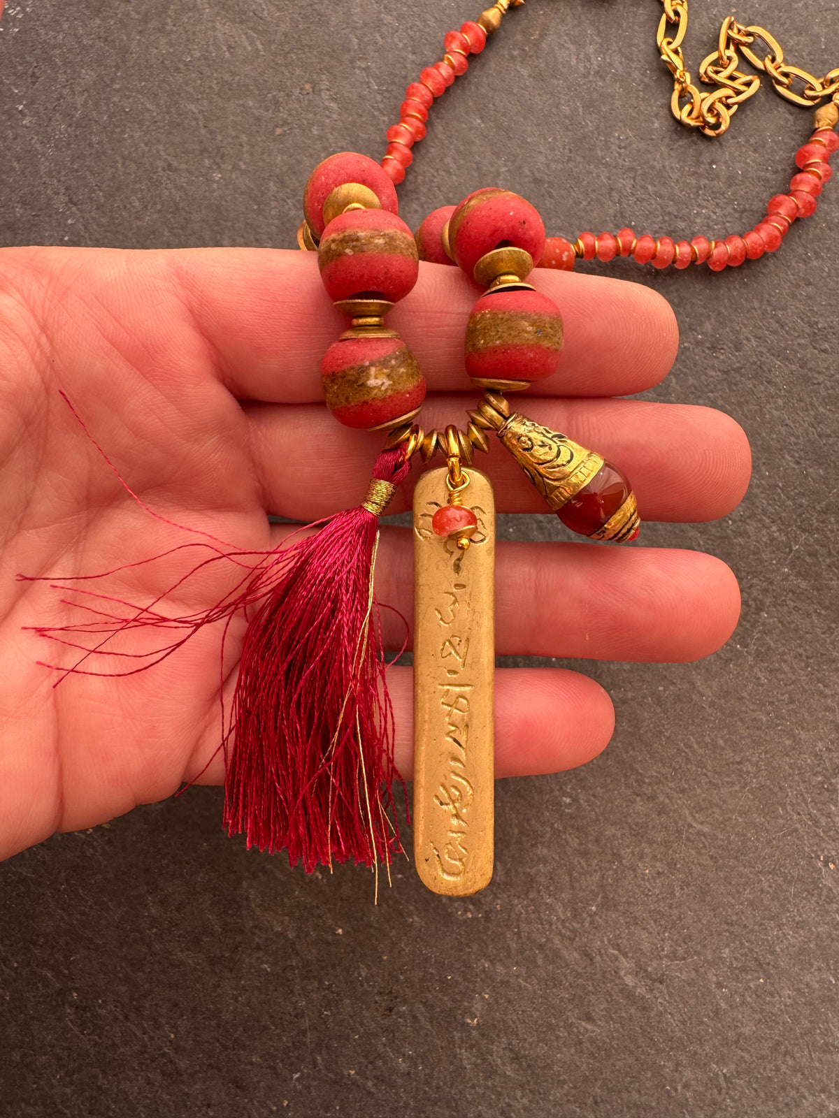 African Glass, wood, brass metal, necklace