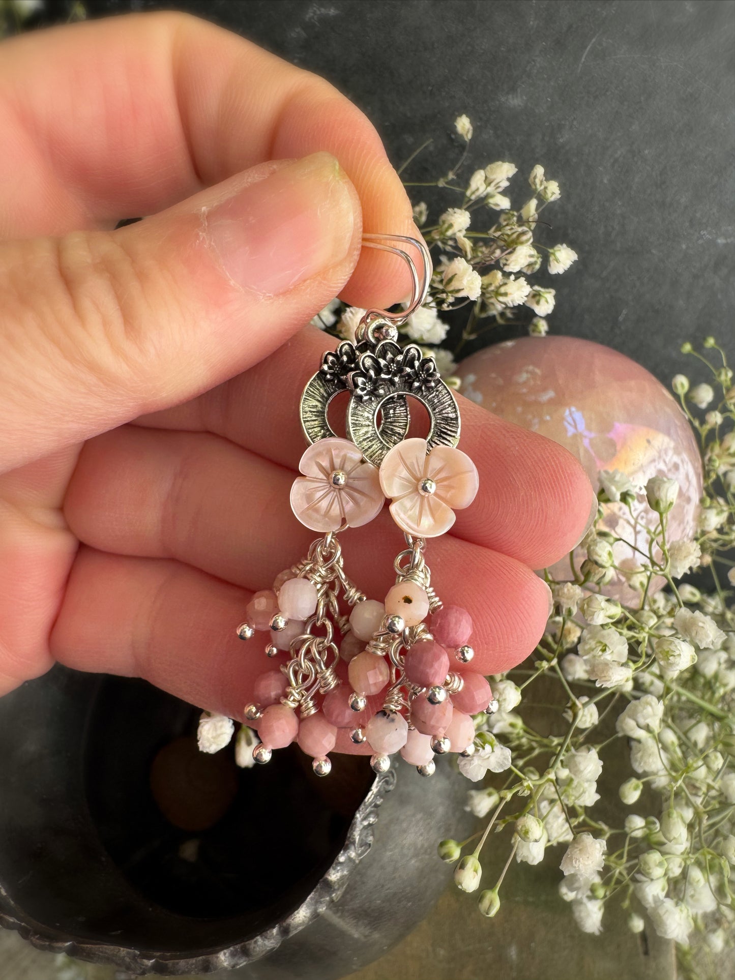 Pink opal, pink shell blossoms, sterling silver metal, earrings