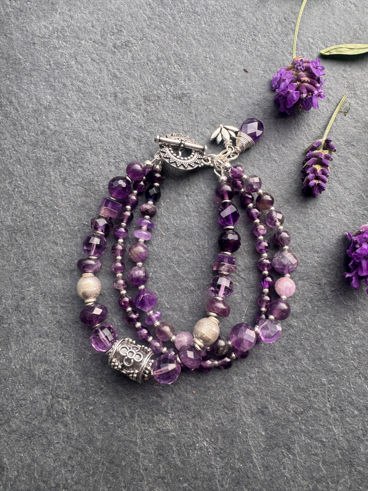 amethyst stone, silver metal, multi strand, bracelet