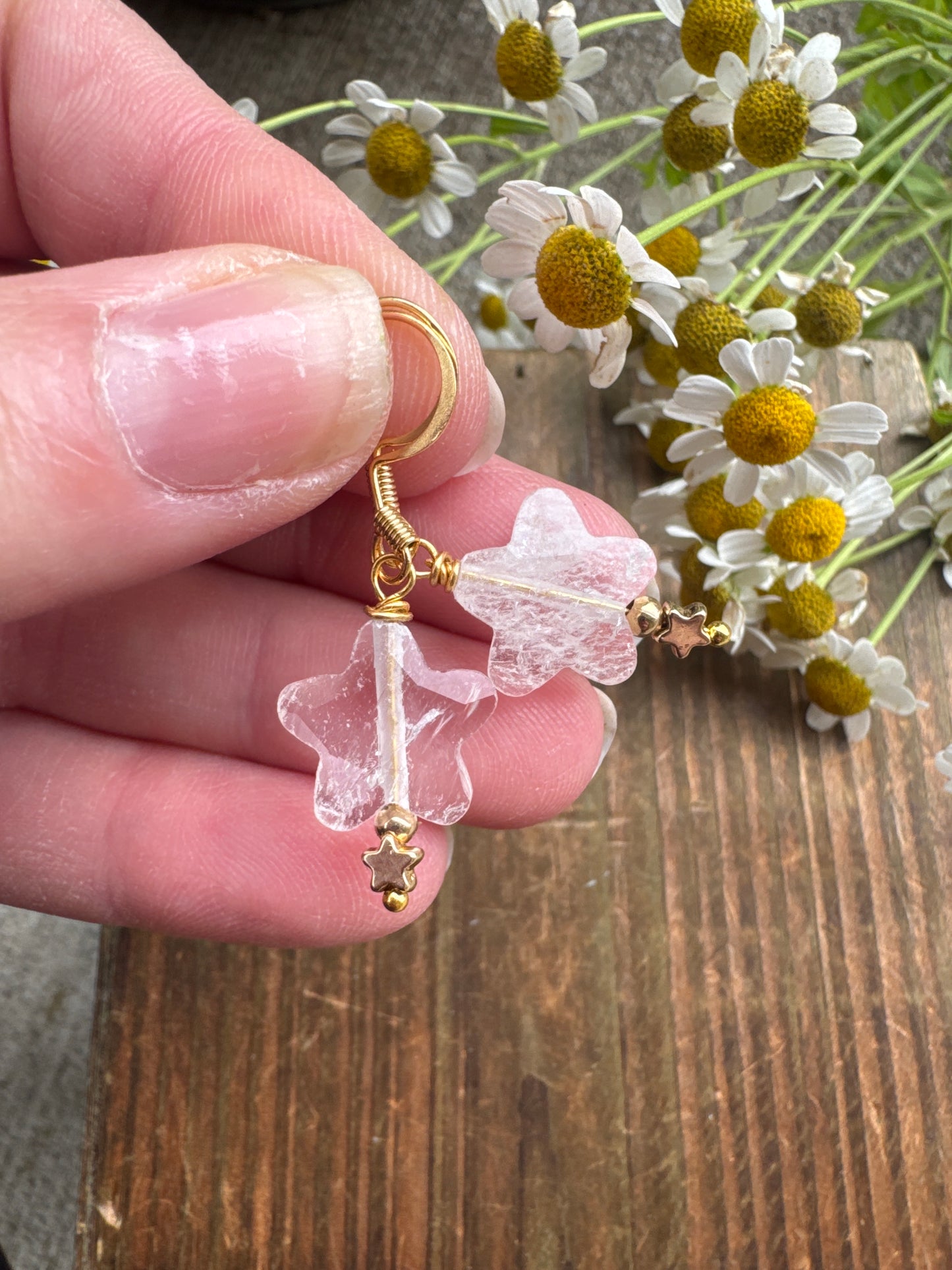Clear quartz star shape stone, gold metal, star charm, earrings