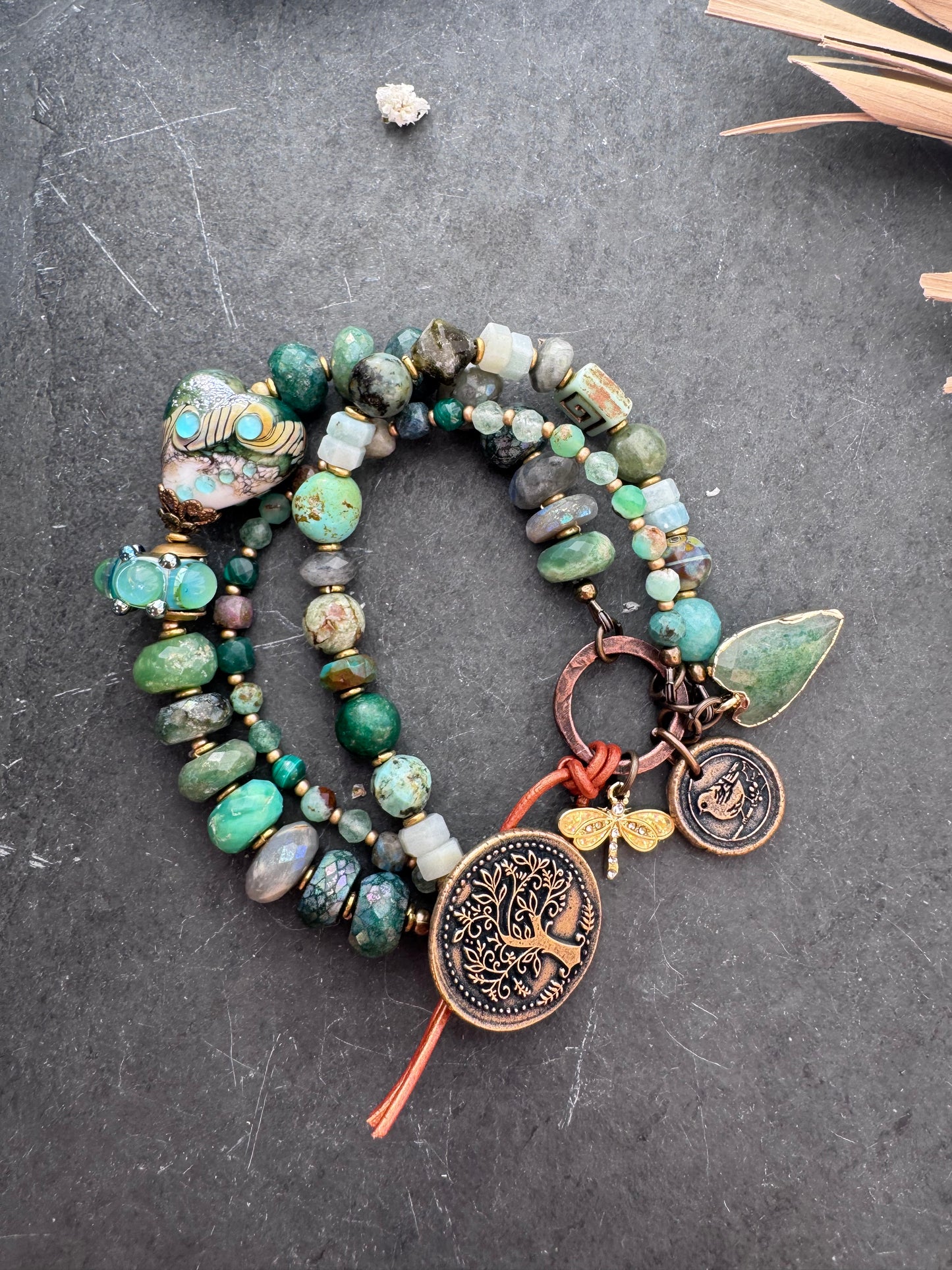 handmade lampwork Glass, mystic emerald, chrysoprase, turquoise, malachite, green aventurine,  Amazonite, labradorite, and handmade bronze button featuring tree of life