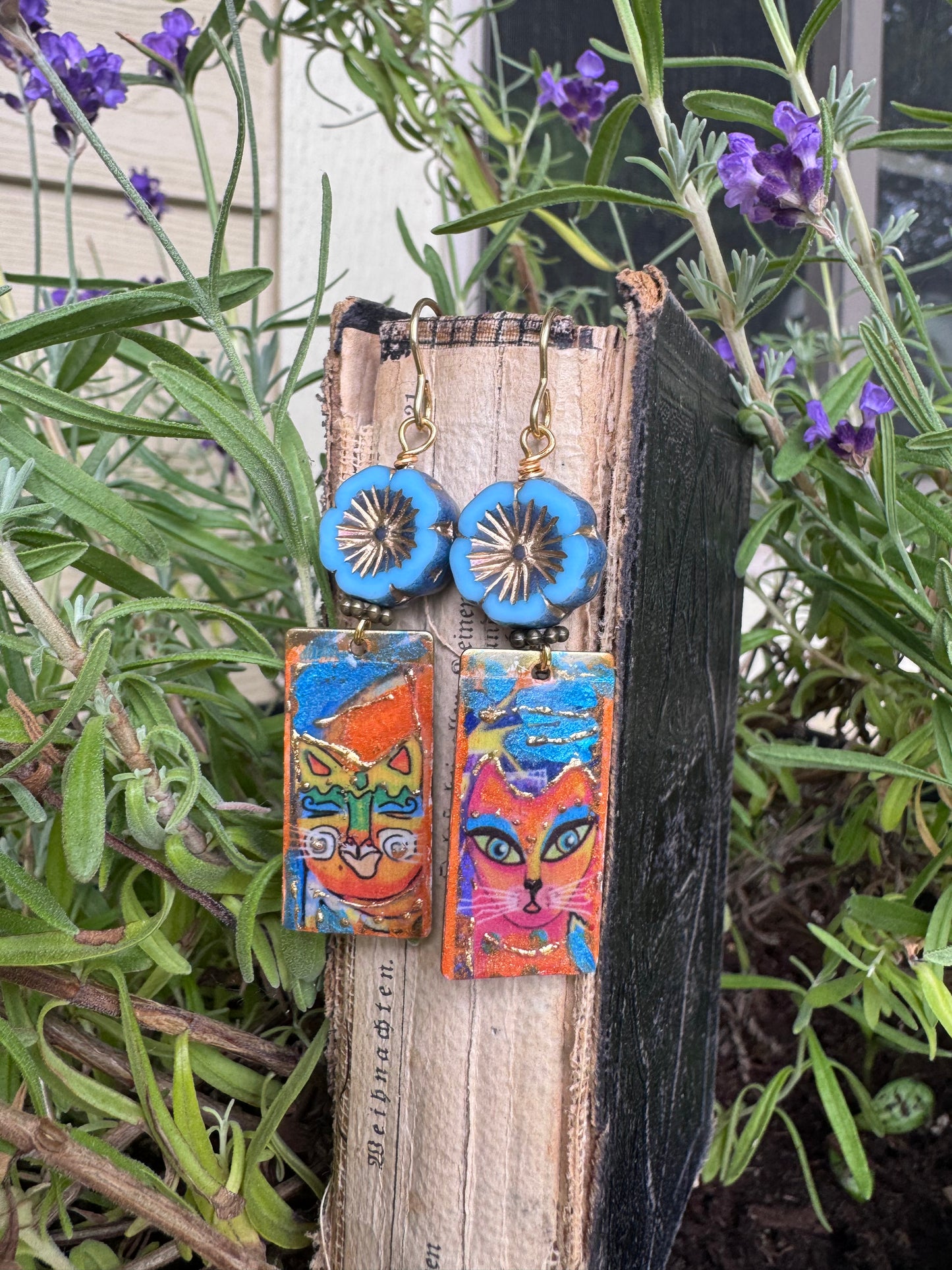 Cat earrings. Enamel charms, Czech glass flowers, gold metal, earrings