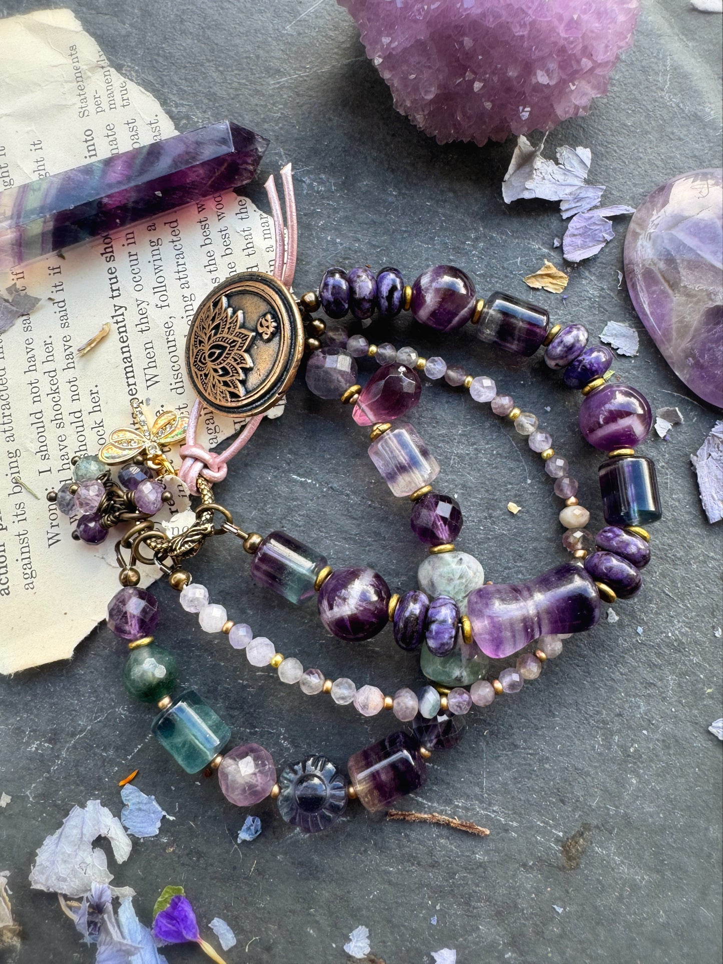 Lotus flower bronze button, fluorite stone, amethyst, sugalite, bracelet