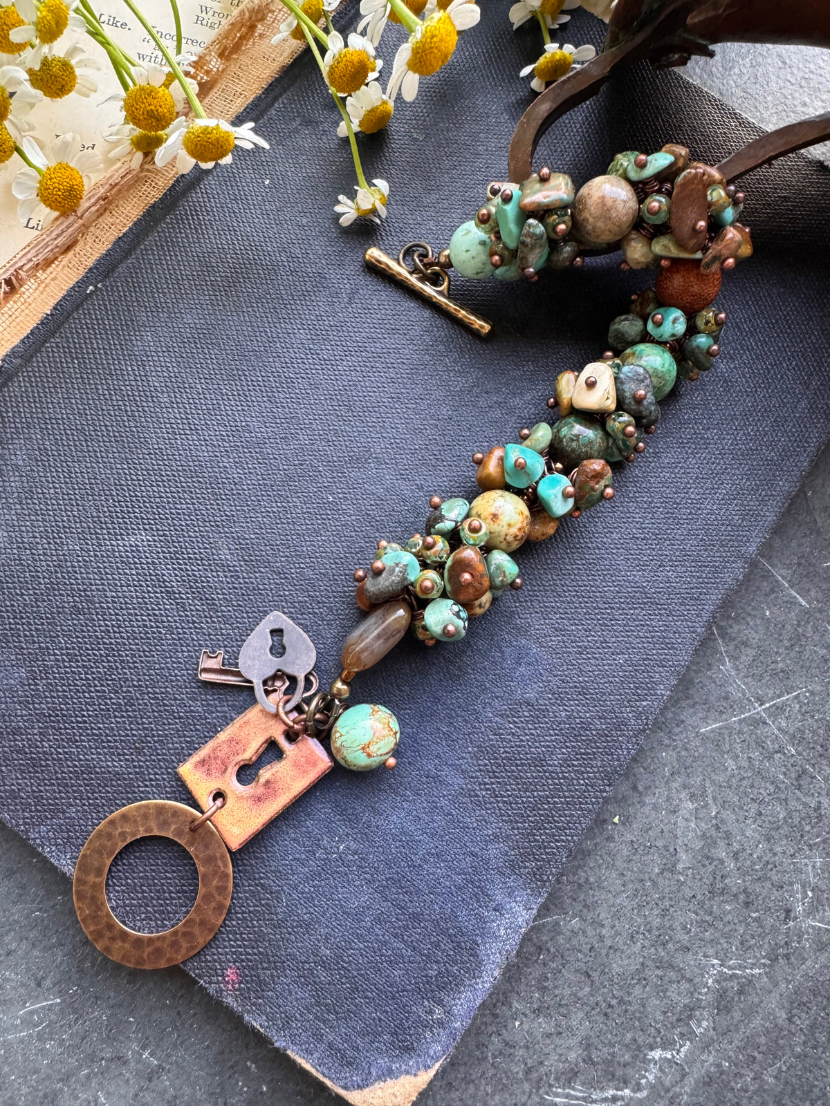 Turquoise, sandalwood, Czech glass, enamel, bracelet