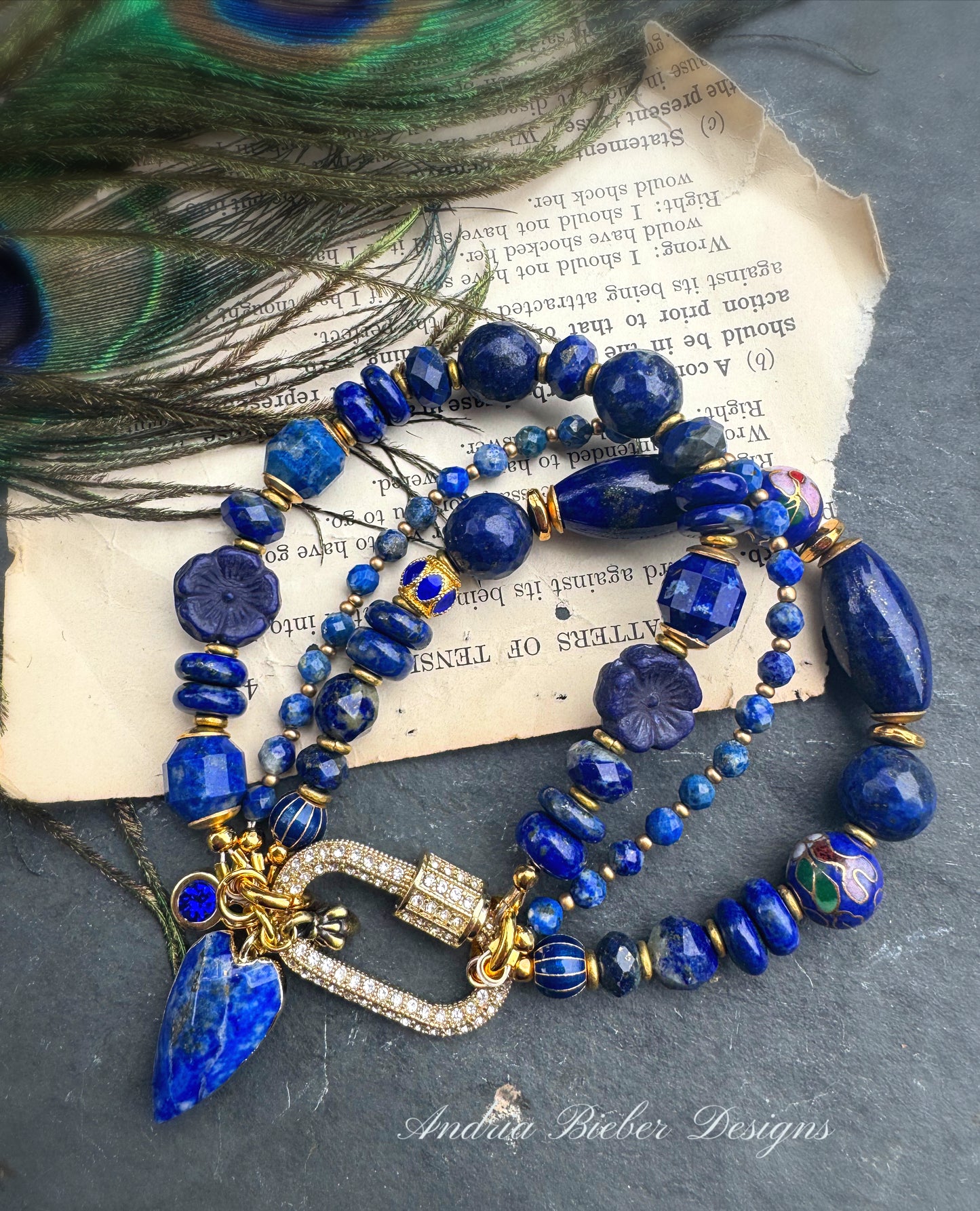 Lapis lazuli stone, cloisonné, Czech glass, gold metal, bracelet. Rhinestone carabiner clasp. ￼