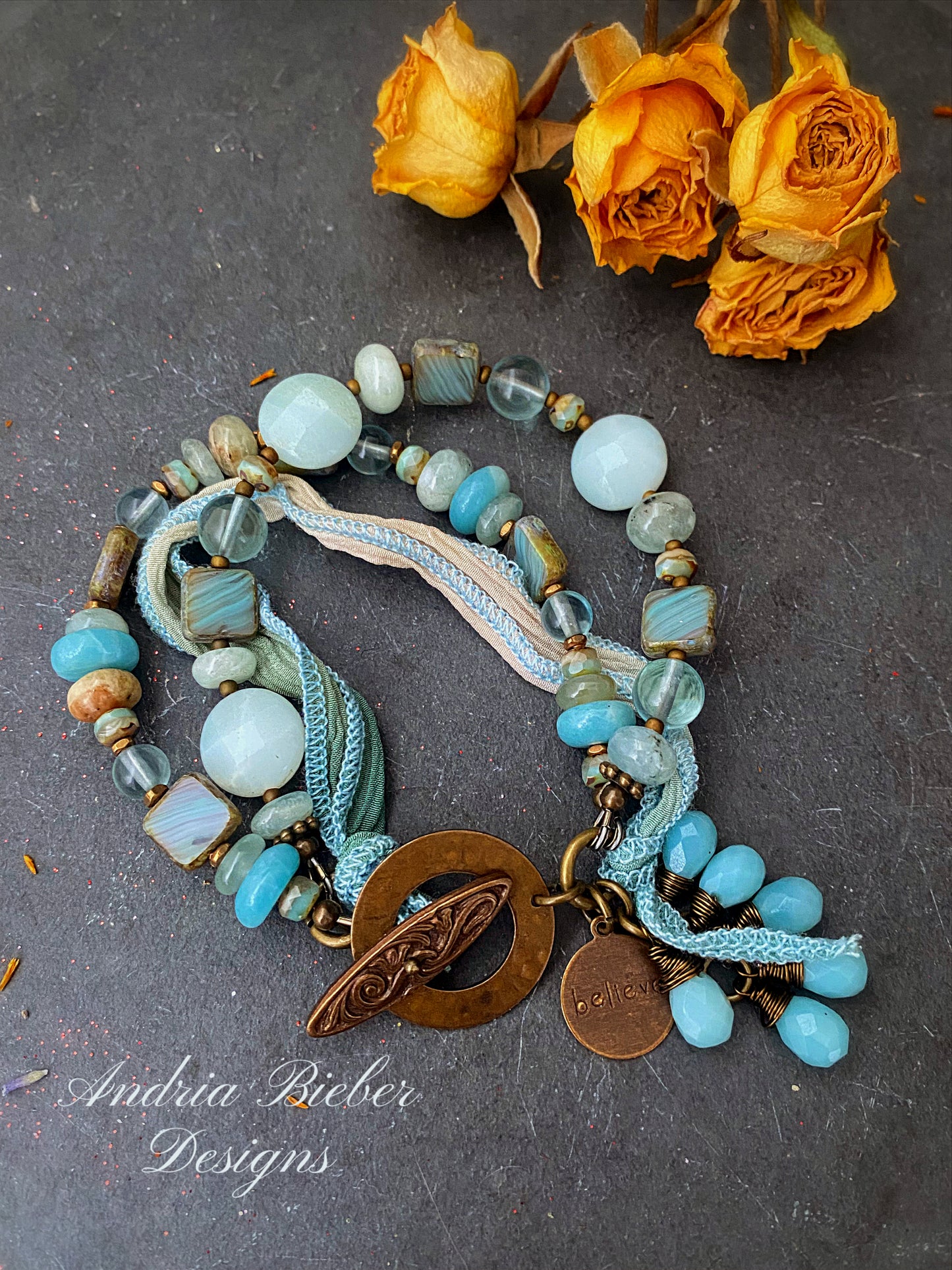 Aquamarine, blue stone, Czech glass, ribbon, bronze metal, bracelet, jewelry